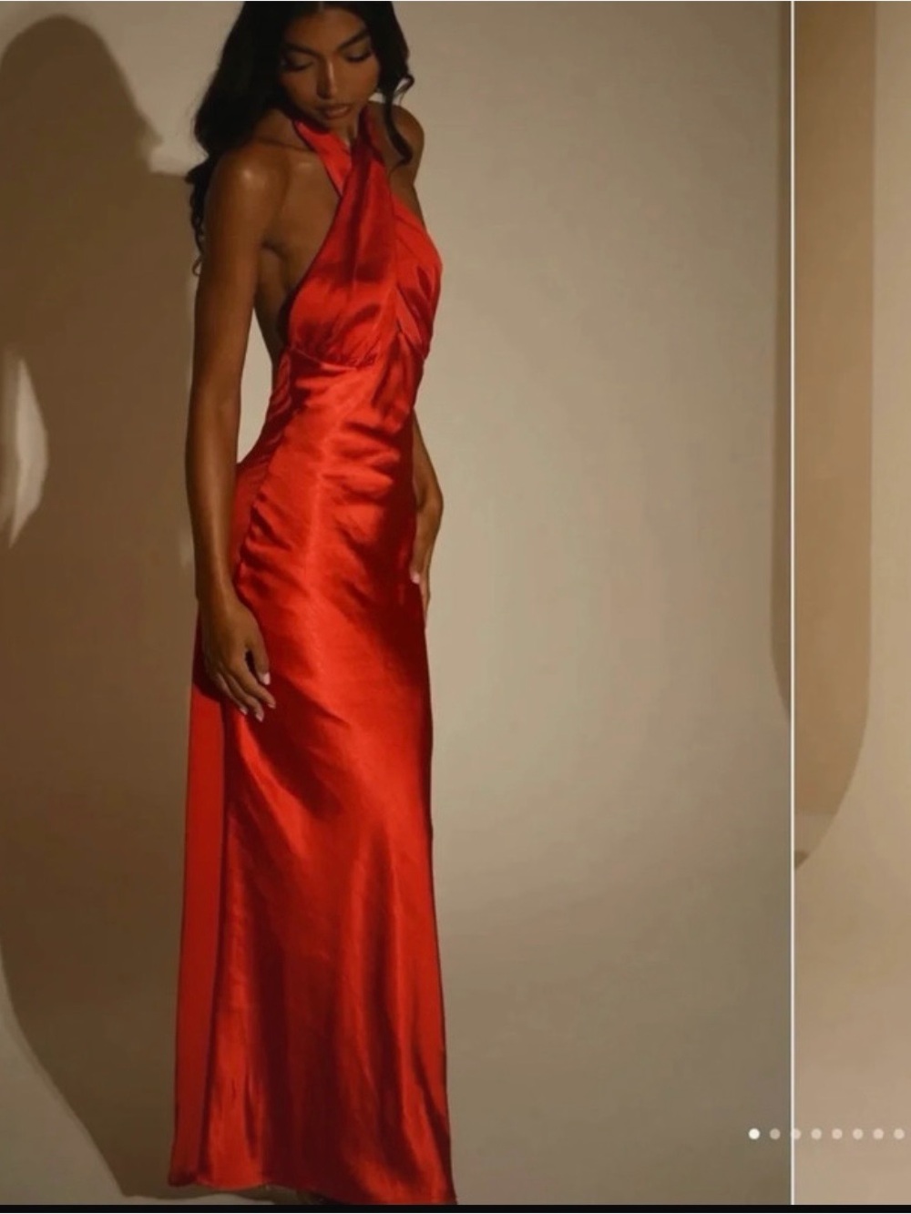 Meshki Red Satin Backless Halter Gown